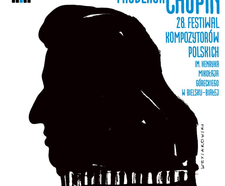 Plakat Festiwalu, pod czarnym rysunkeim twarzy Chopina znajdują się biało czarne klaiwsze fortepianu